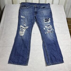True Religion Mens Straight Leg Jeans Blue Denim Distressed Flap Pockets Size 40